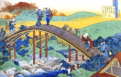 Tatta's stream. Drum bridge Katsushika Hokusai