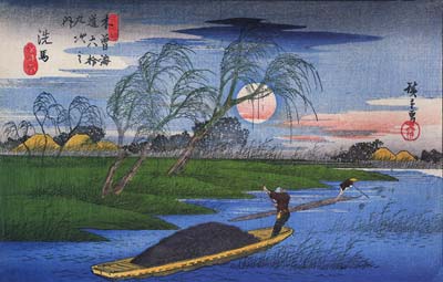 Men poling boats past a bank with willows