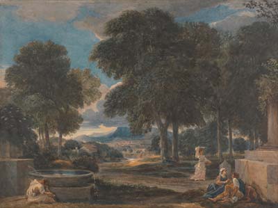 Landscape with a Man Washing His Feet at a Fountain, after Pouss