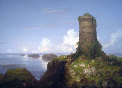 Italian coast scene with ruined tower