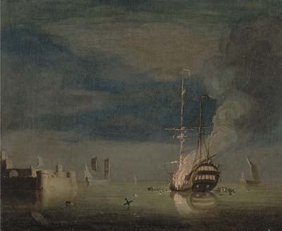 Charles Brooking A Two Decker on Fire at Night off a Fort