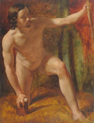 Study of a male nude, crouching, his left hand holding a wooden