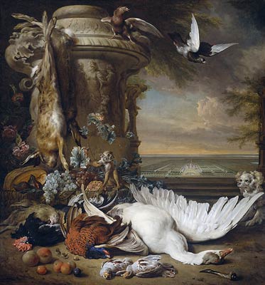 A monkey and a dog beside dead game and fruit, with the estate o