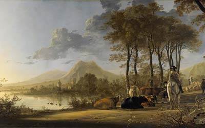 River landscape with horseman and peasants