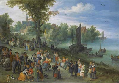 People dancing on a river bank