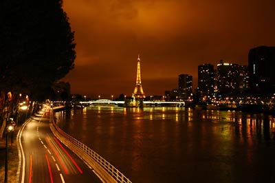 Eiffel Tower and River Seine, city night lights, Paris
