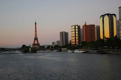 Eiffel Tower in evening, looking out across river Seine, Paris
