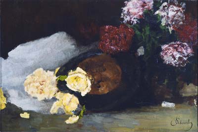 Still Life with Tea roses, peonies and Chapeau Claque