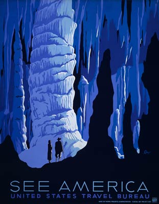 See America, caves, vintage tourist poster