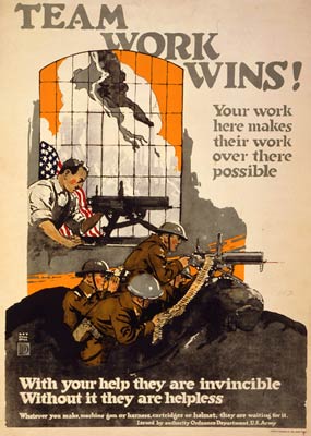 Team work wins! Man making machine gun. World War One Poster