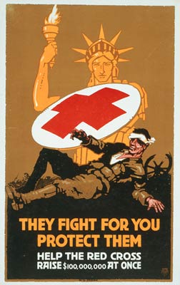 Liberty offering Red Cross shield to a wounded soldier. WWI Post