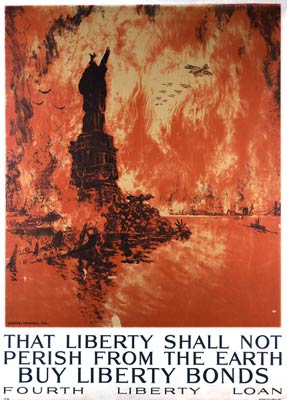 Statue of Liberty in ruins, New York in flames