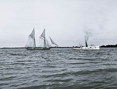 Steamer, Tugboat, Yacht Gladiator Schooner and Tow