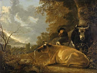 Landscape with cows and young herdsman