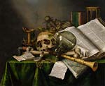 Vanitas Still Life with Books and Manuscripts and a Skull