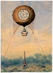 Captive balloon with clock face and bell, floating above the Eif