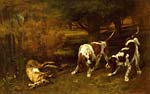 Hunting dogs with dead hare